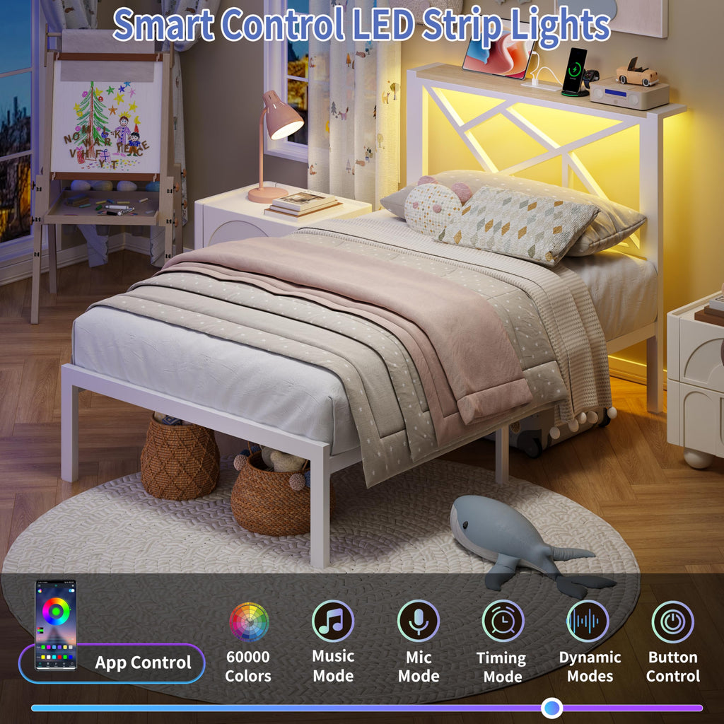 White Twin Metal Bed Frame with USB Charging Station X8466