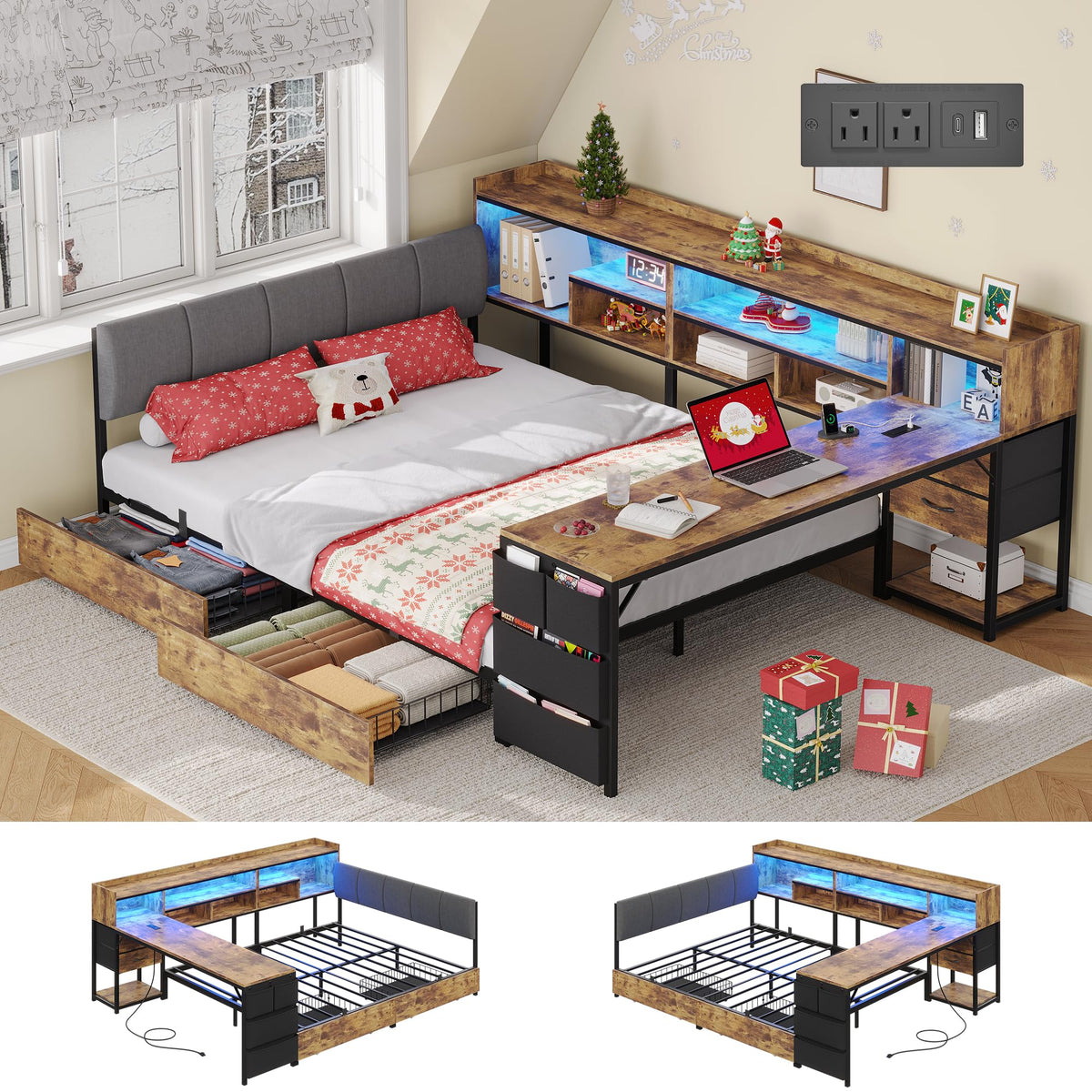 Corner Bed Frame Full Size with Storage & Desk Z234901