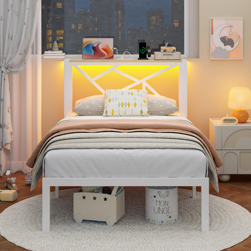 White Twin Metal Bed Frame with USB Charging Station X8466
